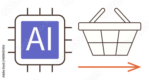 Microchip labeled AI connecting to shopping basket with arrow indicating progression. Ideal for technology, e-commerce, artificial intelligence, automation, retail, innovation, digital
