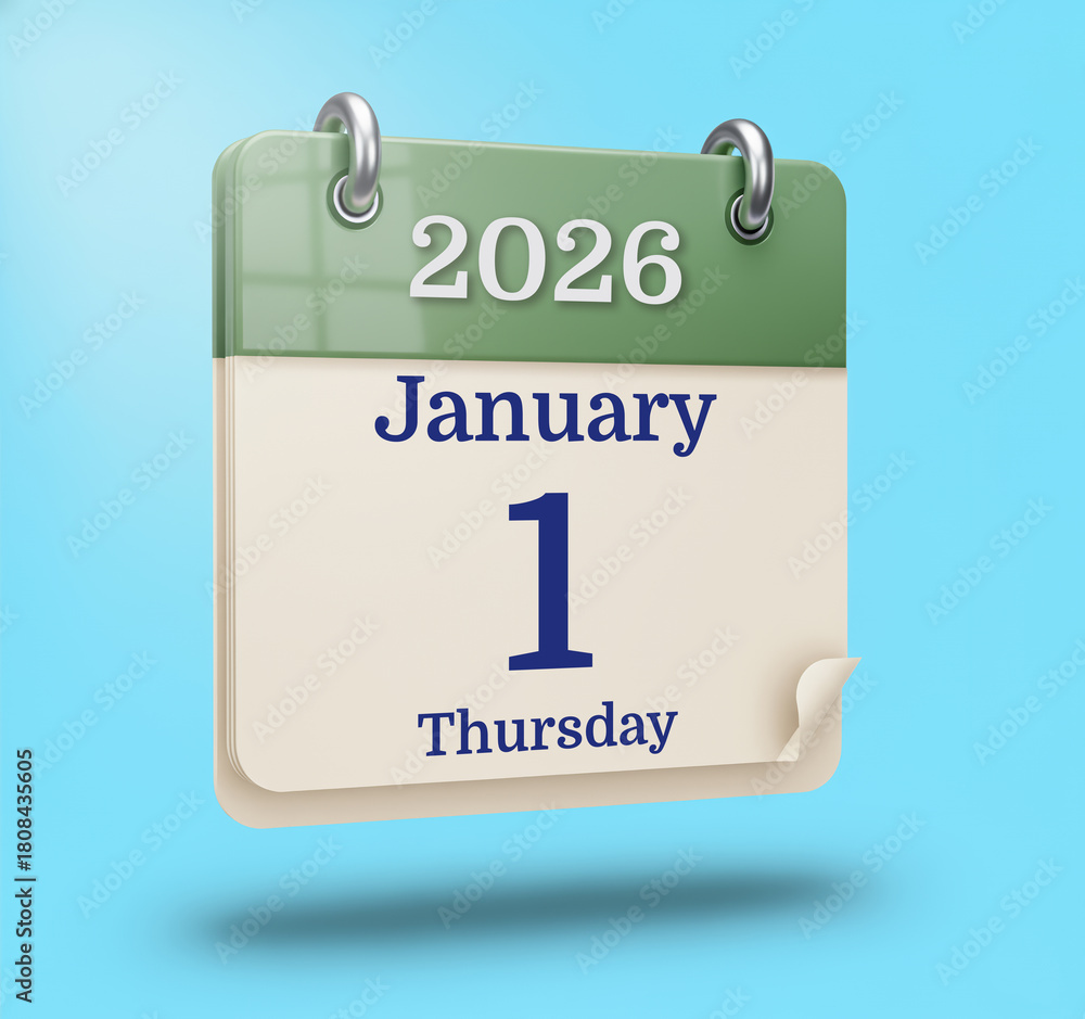 Fototapeta premium Minimalist 3D Calendar – January 1, 2026 in Sage Green
