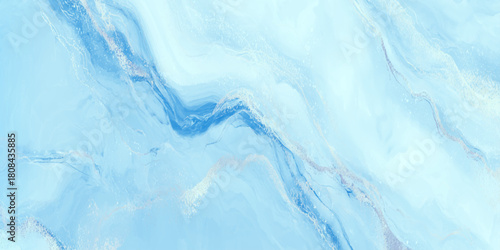 Bright cyan blue flowing alcohol ink abstract background with darker vein like marble texture with a smooth marble surface.