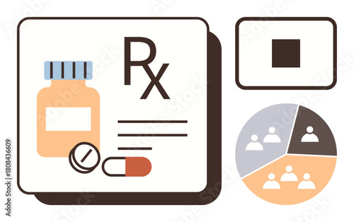 Medicine bottle, pills, and Rx script beside grouped demographics in a segmented pie chart. Ideal for healthcare, prescription, medicine distribution, pharmaceutical analysis, patient targeting
