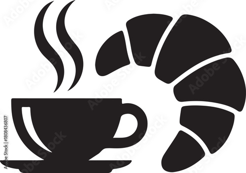 Steaming coffee cup and croissant icon for breakfast or cafe