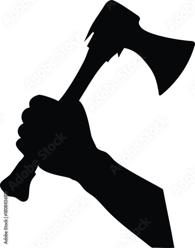 A silhouetted hand firmly grasping the handle of a double bladed axe