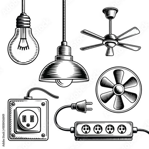 Vintage Hand-Drawn Electrical Icons Set