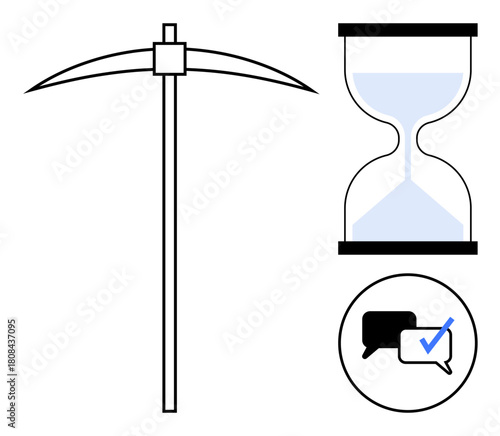 Straight pickaxe represents labor, hourglass symbolizes passing time, and message bubble with check mark signifies confirmation. Ideal for productivity, efficiency, time management, teamwork