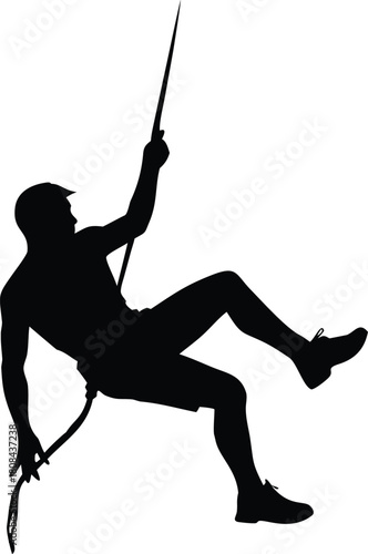 Silhouette of a male figure actively rock climbing against a plain white
