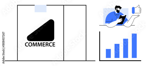 Storefront with commerce signage, upward bar chart, and person using a tablet with a thumbs-up gesture. Ideal for e-commerce, digital marketing, analytics, business growth, approval, sales success