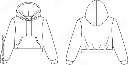Cropped Hoodie Flat Sketch Technical Drawing Front and Back View Fashion Vector Template Apparel Garment Specification Design Diagram for Production Manufacturer