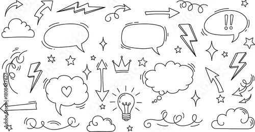 Handdrawn dashed line doodle elements set with arrows, speech bubbles, and clouds isolated on white background