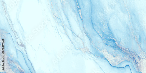 Bright cyan blue flowing alcohol ink abstract background with darker vein like marble texture with a smooth marble surface.