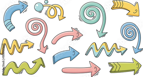 Colorful cartoon dashed line arrows set in various styles and directions, isolated on white background