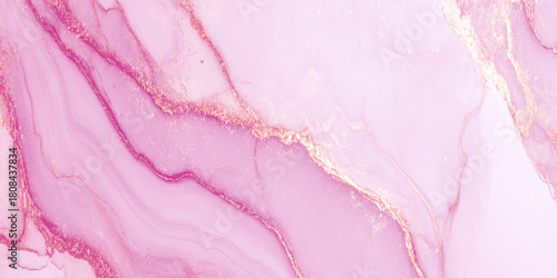 Pink and magenta alcohol ink abstract background with elegant rose gold glitter veins and fluid marble texture use for wedding stationery, beauty product packaging.