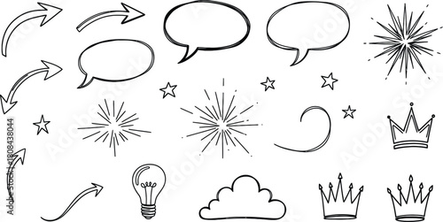 Grunge handdrawn doodle set with arrows, speech bubbles, stars, light bursts, and crowns, isolated on white background