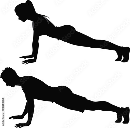Silhouettes of a man and woman performing a plank exercise routine high quality