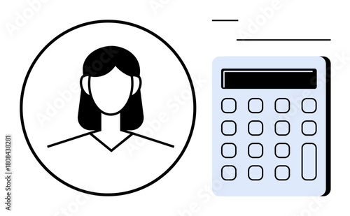 Womans profile inside a circle alongside a detailed calculator. Ideal for financial management, accounting, budgeting, tax planning, math education, professional services, digital tools. Simple flat