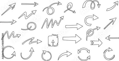 Hand drawn dashed and dotted line arrows set isolated on white background