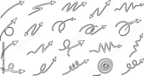 Set of handdrawn dashed arrows in various styles and directions, isolated on white background