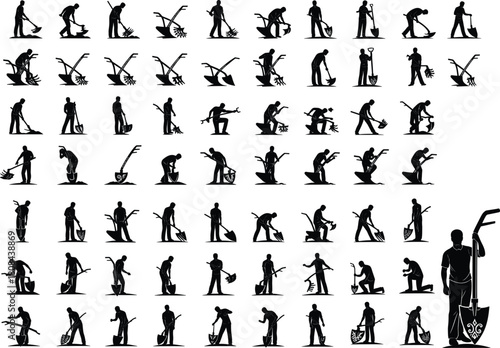 farming silhouette, gardening worker, agricultural tools, shovel rake icon, planting vector, manual labor, rural work, black figure, harvest action, garden activity