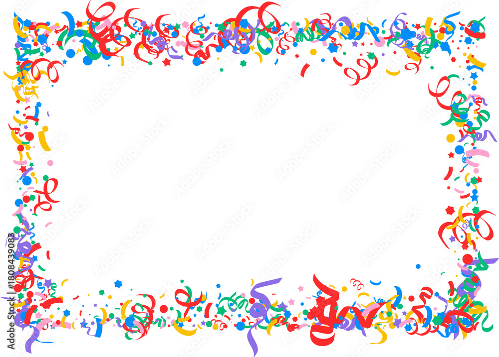 Fototapeta premium colorful confetti frame Cute abstract frame of colorful confetti, lines, ribbons, curls on light background, hand drawn illustration, flat style, copy space Bright colored confetti background