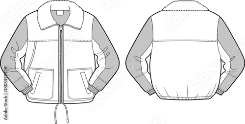 Technical fashion flat sketch, puffer bomber jacket template, with contrast raglan sleeves, collar, pockets, drawstring hem, vector