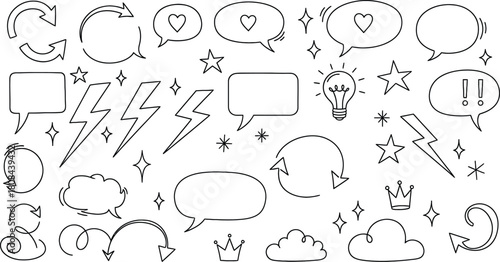 Set of hand drawn doodle elements with dashed line style, speech bubbles, stars, clouds isolated on white