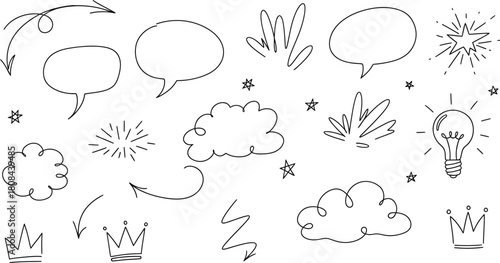 Hand drawn doodle elements set with dashed line style, speech bubbles, clouds, stars isolated on white