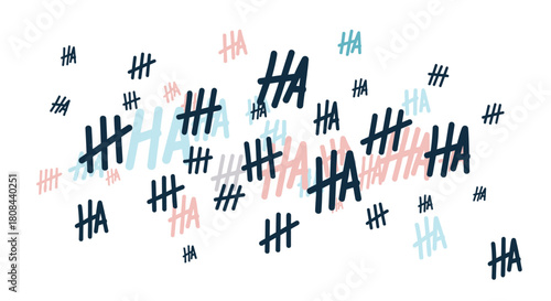 A cheerful and playful pattern of 'HA' text and tally marks in varying shades of blue, pink, and grey, scattered on a white background.
