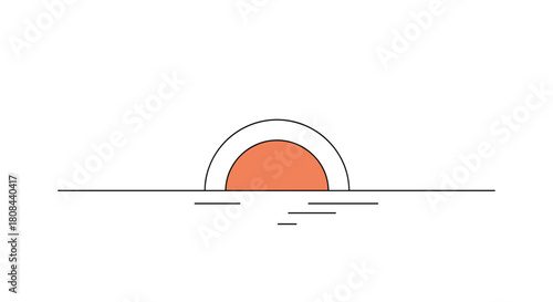 Minimalist flat design illustration of a vibrant orange sun setting over the tranquil ocean horizon with subtle reflections.
