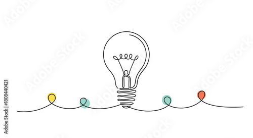 Continuous line drawing of a light bulb, symbolizing brilliant ideas and creativity, connected by a decorative string of colorful loops.