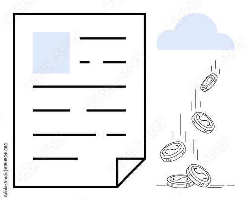 Document page with text lines and falling coins from a cloud, symbolizing financial growth, investments, savings, or revenue. Ideal for finance, budget, economy, business success and innovation