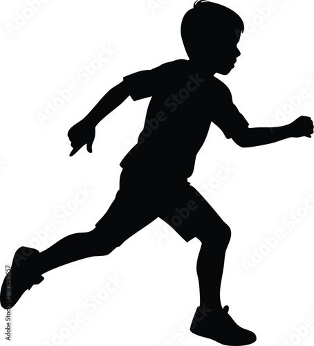 A silhouette of a young boy actively running forward with energy high quality