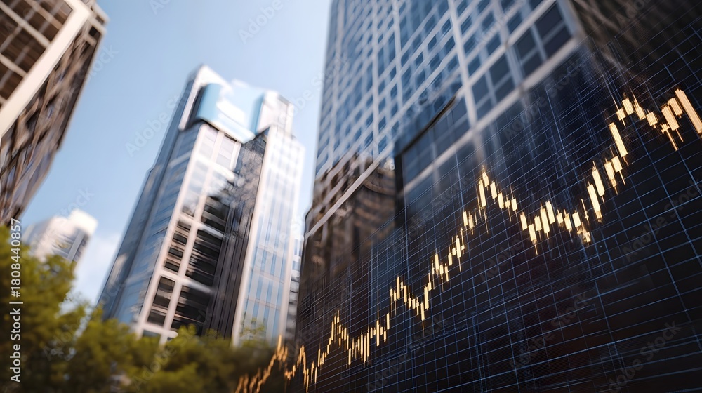 Naklejka premium A glowing financial graph ascends against a backdrop of modern city skyscrapers symbolizing economic growth and market success