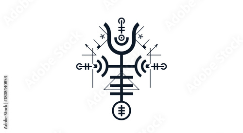 Modern symmetrical abstract sigil design incorporating mystical symbols, geometric shapes, and a minimalist aesthetic.