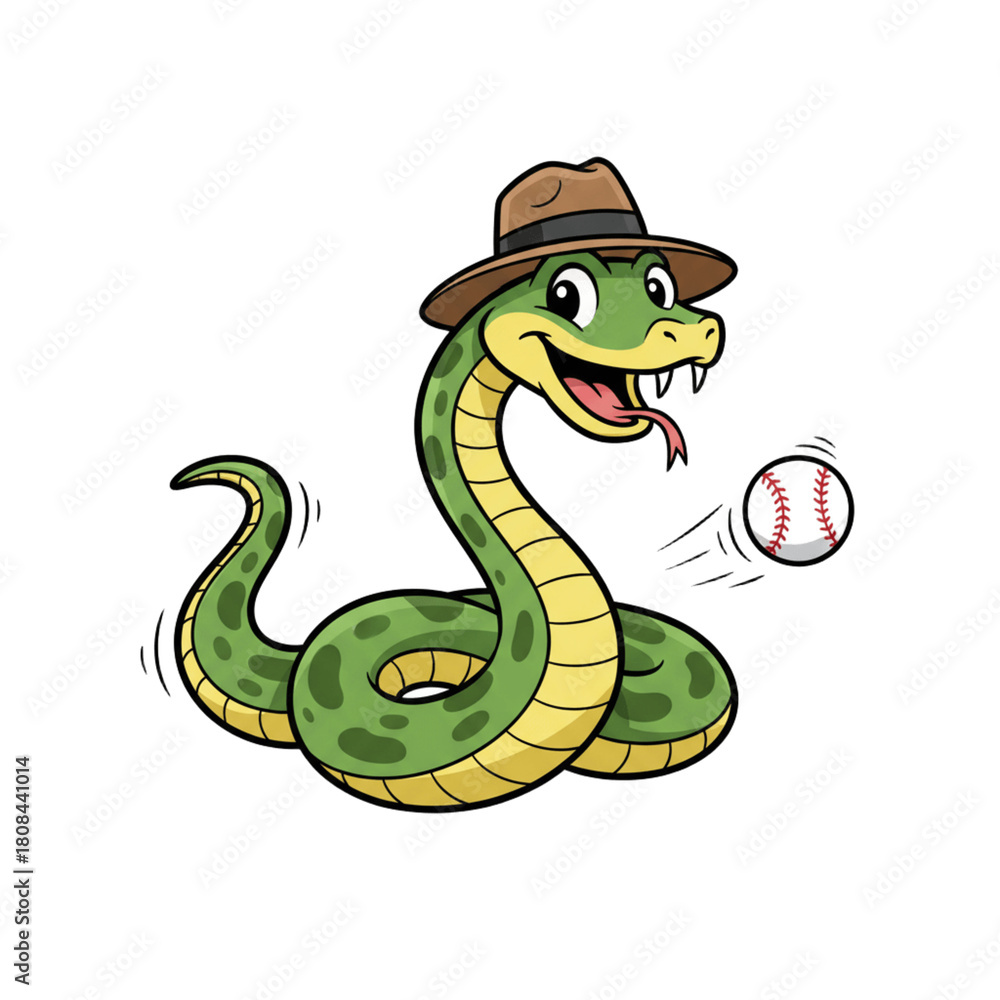 Fototapeta premium Cartoon snake wearing a hat throws a baseball.
