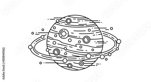 A minimalist line art illustration of a ringed planet with moons, capturing the essence of cosmic exploration and astronomy in a stylized design.