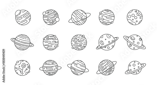 Collection of hand-drawn cartoon planets and celestial bodies in black and white outline style, featuring various patterns and rings.