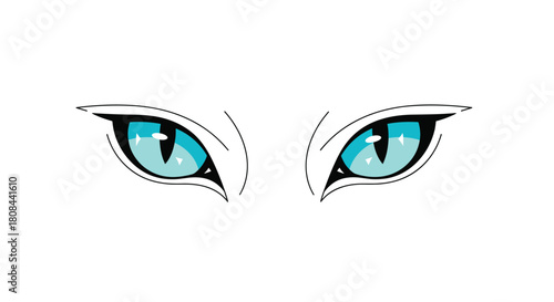 A pair of striking, stylized feline eyes with bright blue irises and dark vertical pupils, conveying alertness and mystery, against a clean white background.