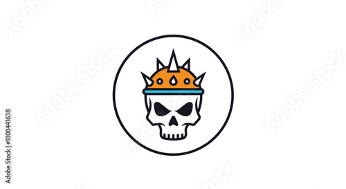 A stylized cartoon skull wearing an orange and blue spiked crown, enclosed within a black circular outline, on a white background.