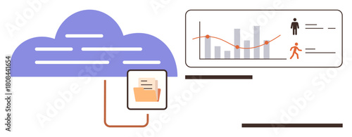 Cloud with connected folder and data charts tracking analytics of user activity and trends. Ideal for data management, technology, analytics, cloud computing, statistics, teamwork, progress. A simple