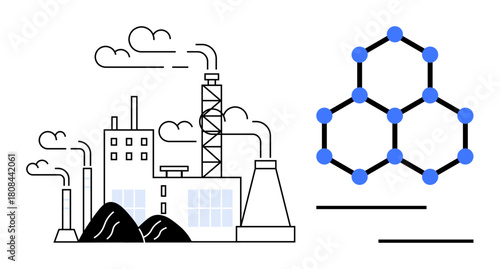 Factory emitting smoke with chimneys alongside hexagonal molecular structure ideal for science, chemistry, pollution, industrial impact, carbon emissions, research, environmental education. Simple