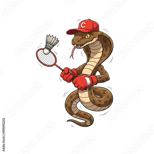 Cobra with Badminton Racket and Hat Illustration