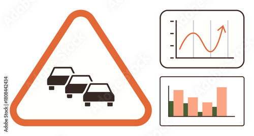 Traffic congestion sign paired with an upward-trending line graph and bar chart. Ideal for traffic patterns, data analytics, transportation planning, urban studies, safety, growth, simple flat