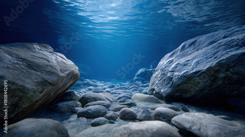 Breathtaking Ultra Realistic View of a Cave Lake Underwater with Rocks and Sunlight Filtering Through Azure Water
