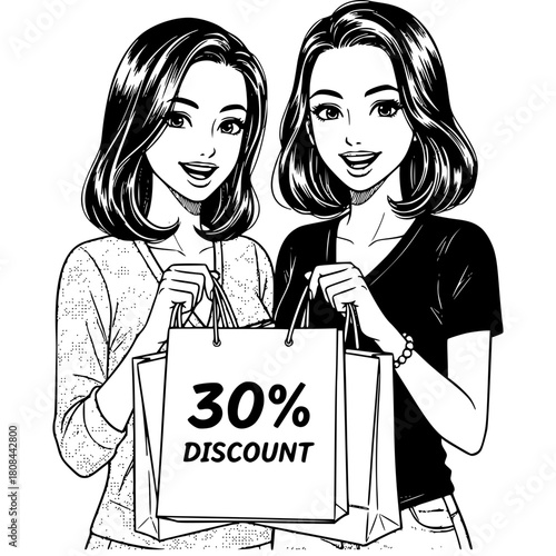 Smiling Friends with Discount:  Two cheerful female friends showcase their shopping prowess, holding a bag prominently displaying a 30% discount, celebrating the thrill of a great deal.