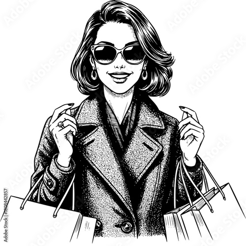 Sophisticated Shopper: Elegant illustration of a woman enjoying shopping, holding shopping bags, and radiating happiness 