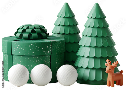 Green Christmas gift with trees and golf balls isolated on a transparent background