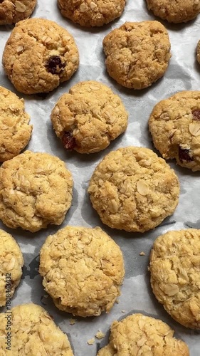 freshly baked healthy oatmeal raisin cookies in baking tray lined with parchment paper