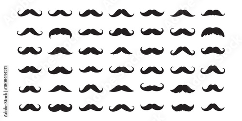 "A collection of 30 unique mustache silhouettes in black on white background, classic, modern, curly, handlebar, vintage and cartoon styles, centered and evenly spaced"