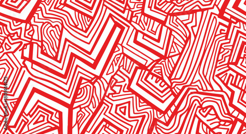 A vibrant abstract pattern composed of red and white geometric shapes and lines.