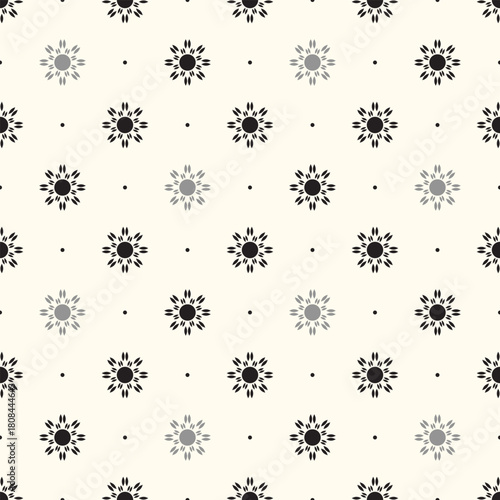 Seamless pattern of white flowers, geometric shapes, suitable for textiles or backgrounds.