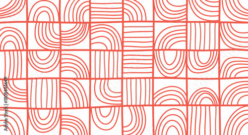 Geometric pattern of squares filled with semi-circles and parallel lines in red against a white background.